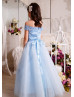 Off Shoulder Sky Blue Lace Tulle Corset Back Flower Girl Dress